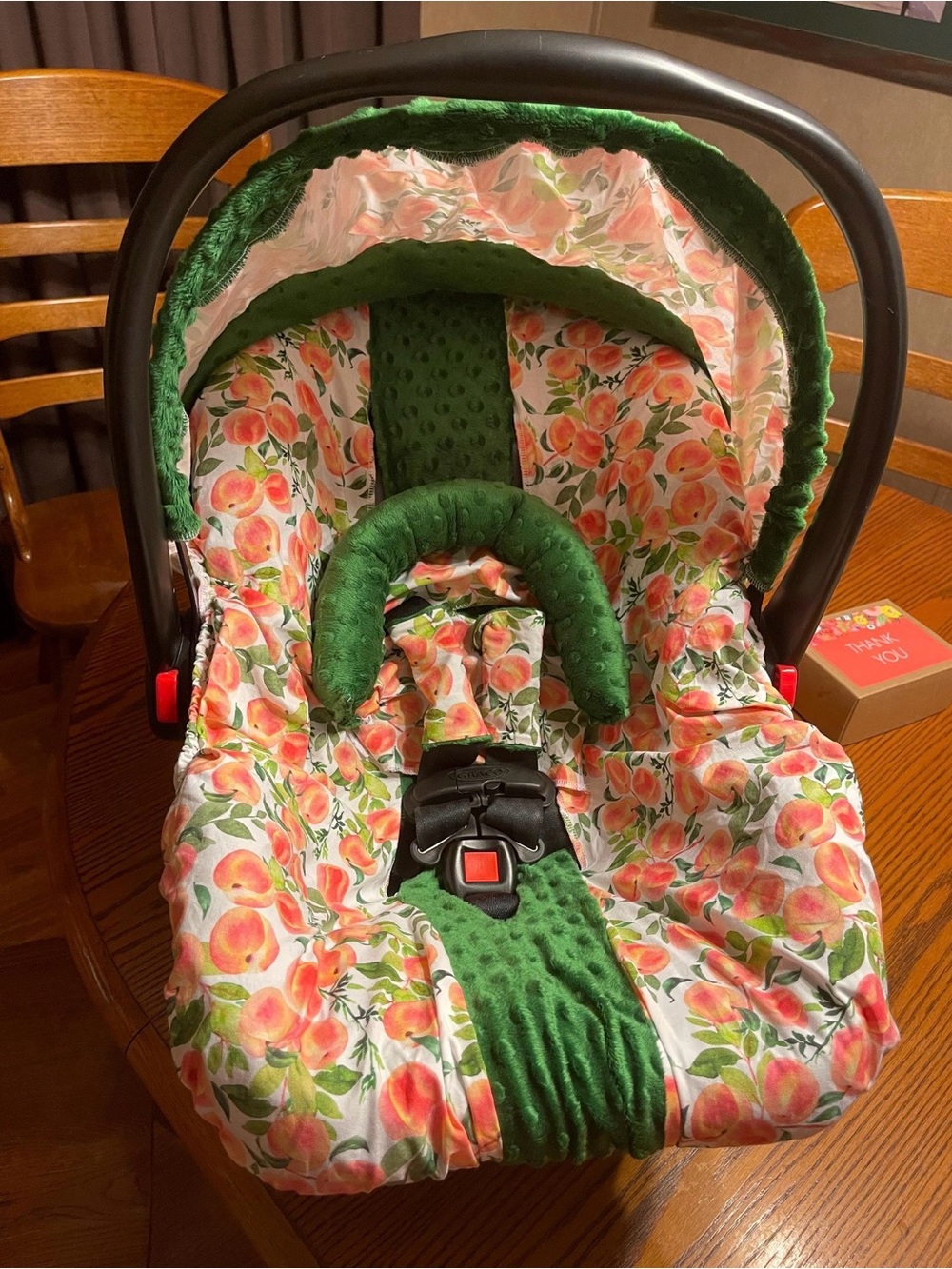 Peach Blossom Infant Car Seat Cover with Green Trim